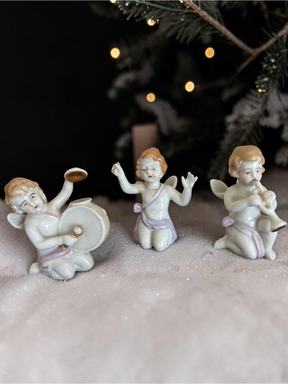 Source Unknown Porcelain Angel Musician Trio - White and Light Purple